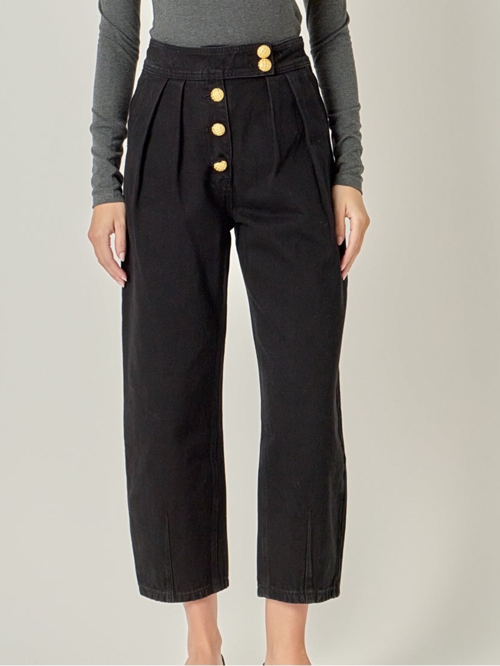 English Factory High Waisted Gold Buttons PREMIUM DENIM CROPPED TROUSERS XS